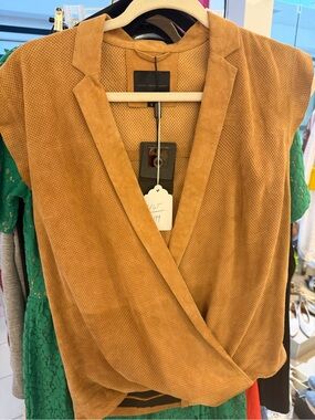 Sleeveless Wrap-Front Suede-Look Blouse in Camel